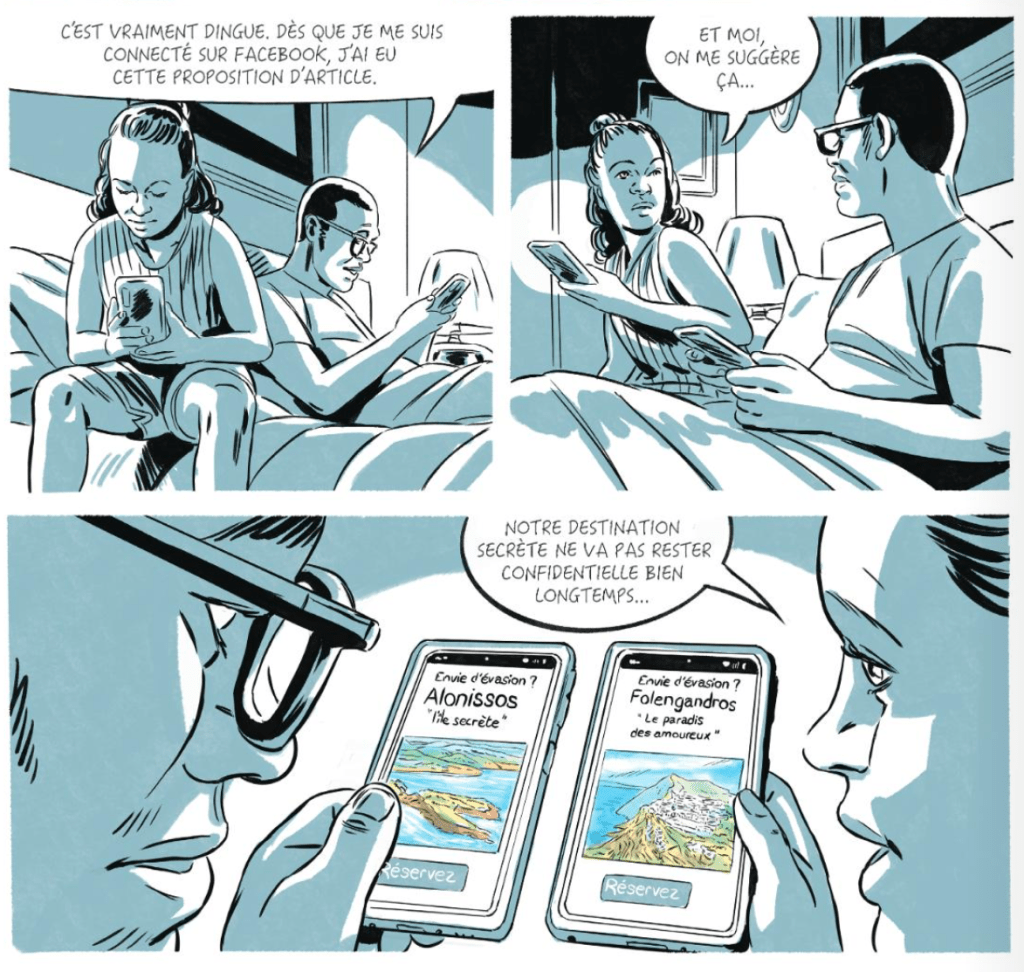 Deux personnes assises sur un lit, utilisant leurs téléphones. L'un mentionne une suggestion d'article sur Facebook et l'autre parle d'une destination secrète, montrant des images de deux îles avec des options de réservation.