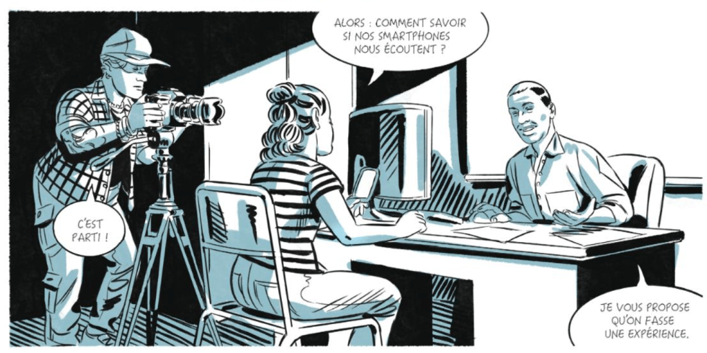 Un photographe avec un appareil photo capte une scène où deux personnes discutent autour d'une table. L'une des personnes, souriante, propose de faire une expérience sur la confidentialité des smartphones.