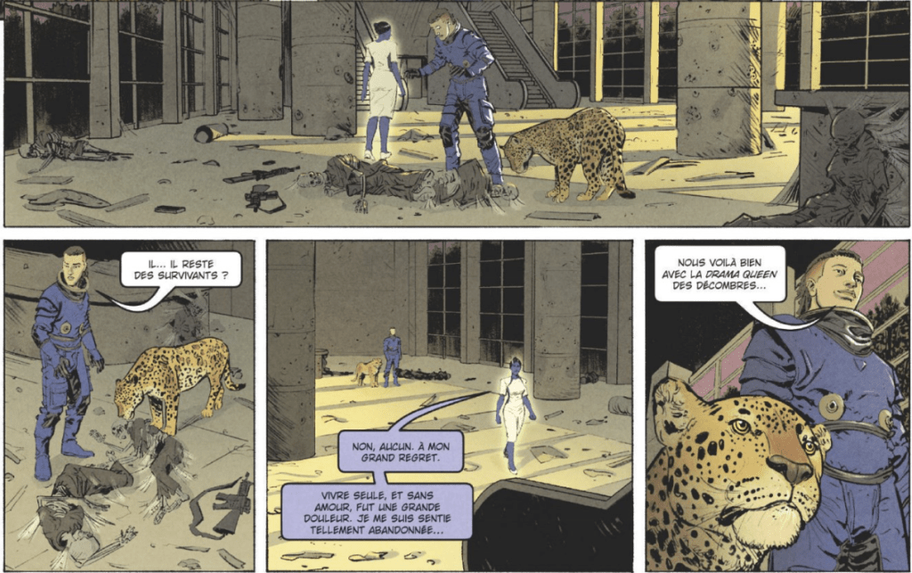 Deux personnages en tenue spatiale dans un environnement abandonné, un léopard à leurs côtés. Des débris et des corps gisent au sol. Un dialogue indique le désespoir et la solitude.