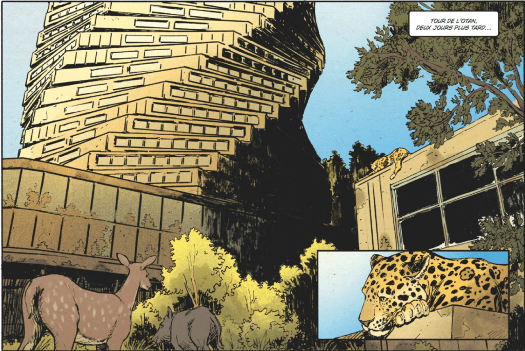 Une vue d'un bâtiment moderne avec des formes géométriques, entouré de la végétation et d'animaux sauvages, y compris un cerf et un rhinocéros, avec un léopard observant depuis un rebord.