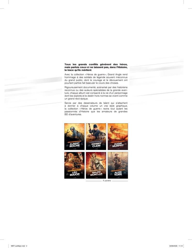 Une page présentant la collection 'Héros de guerre' avec des illustrations de soldats légendaires et une description de leur impact historique.
