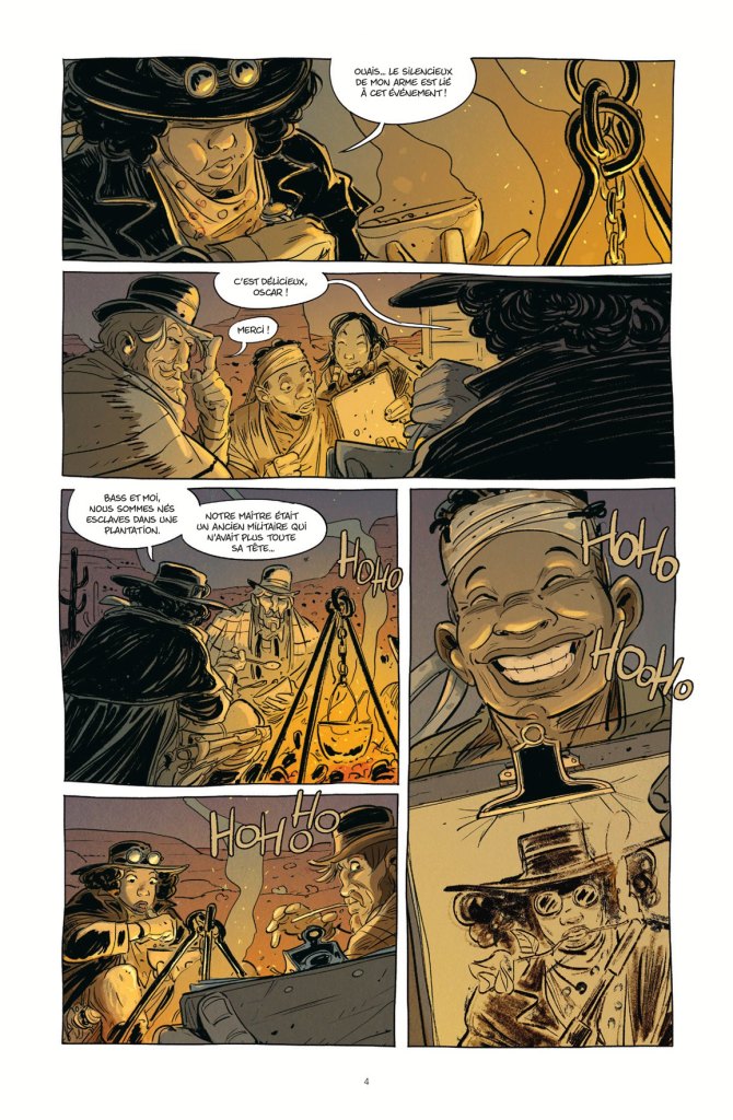 Une scène de bande dessinée montrant plusieurs personnages autour d'un feu de camp, discutant et riant. L'un des personnages, avec un chapeau et des lunettes, prépare de la nourriture tandis que les autres réagissent avec enthousiasme.