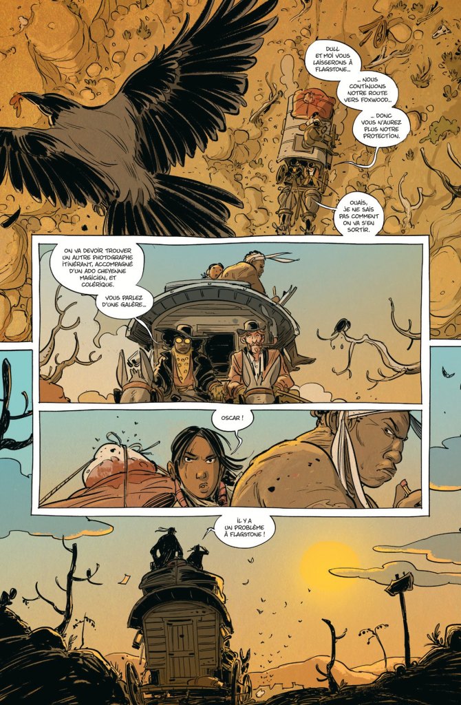 Une scène de bande dessinée montrant un groupe de personnages dans un paysage désertique, avec un corbeau volant au-dessus d'eux. Les personnages discutent d'un voyage et d'un problème à Flagstone, tandis qu'un coucher de soleil est visible à l'horizon.
