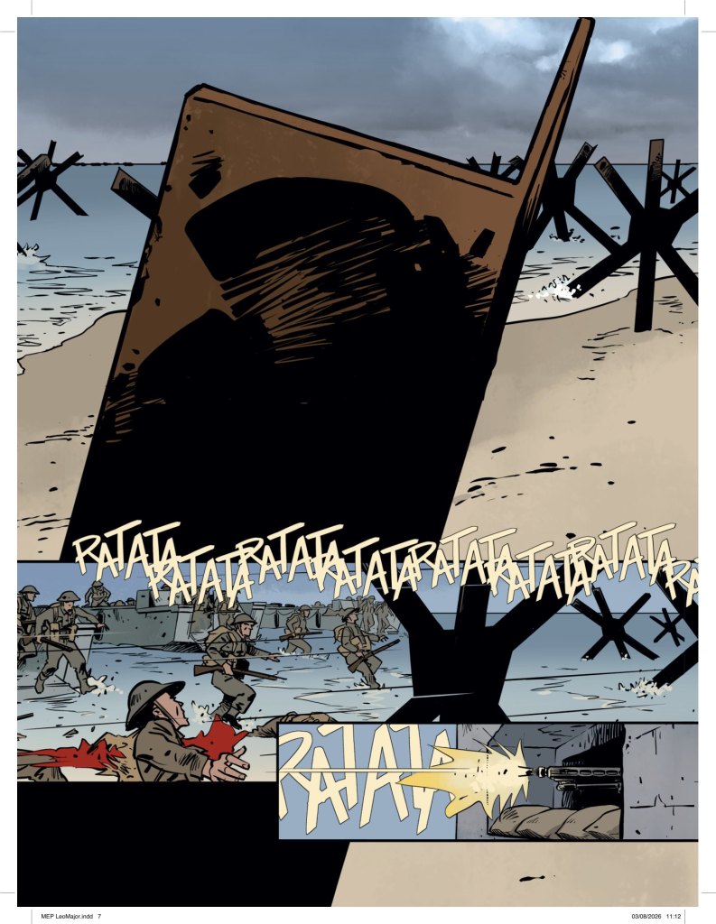 Scène de bande dessinée représentant une plage de guerre avec des soldats avançant sous le feu enemy, des mitrailleuses tirant et des obstacles en forme de croix.