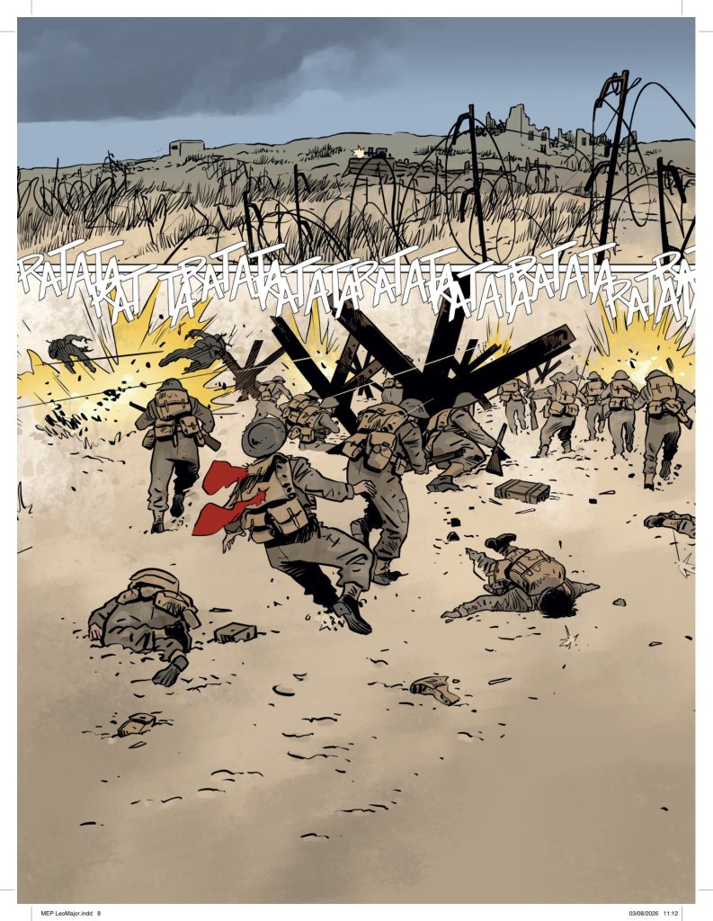 Une scène de bataille intense avec des soldats en mouvement au milieu de débris et d'explosions, illustrant la guerre.