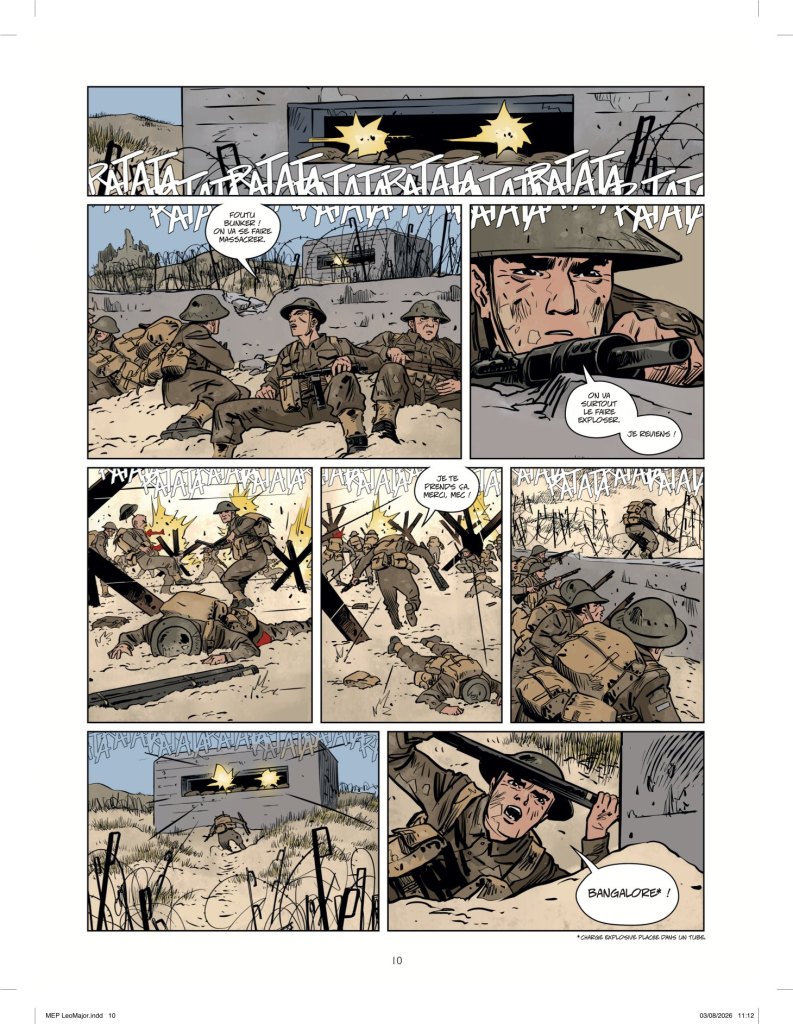 Une scène de bande dessinée représentant des soldats pendant un combat, avec des explosions et des échanges de tirs. Les soldats se cachent derrière des obstacles, montrant des expressions d'angoisse et de détermination.