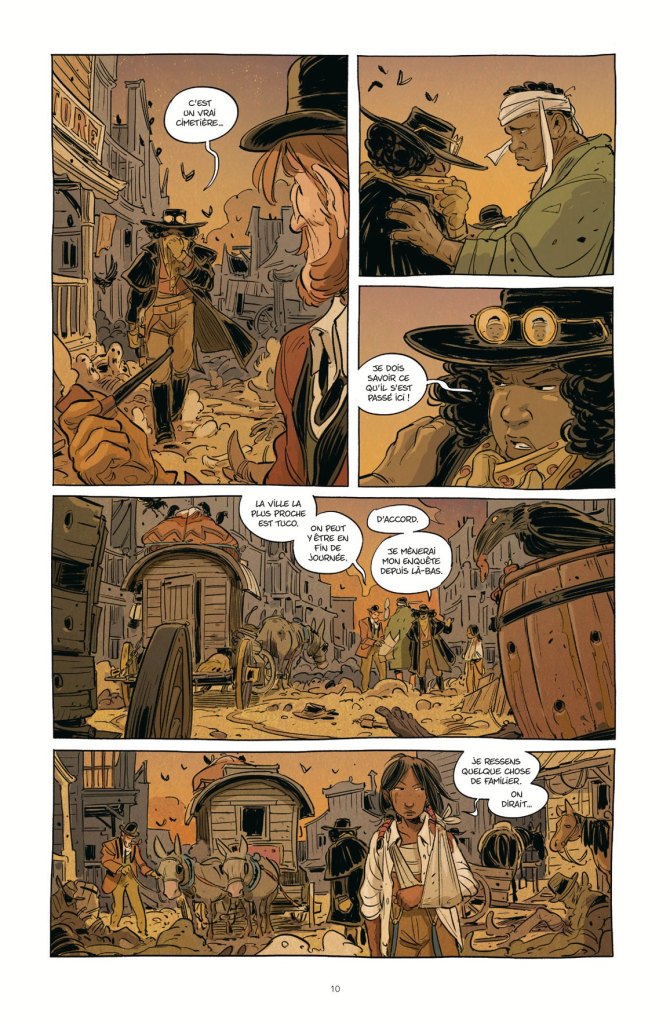 Une scène de bande dessinée montrant un cimetière animé dans une ville poussiéreuse, avec des personnages discutant et une ambiance mystérieuse.