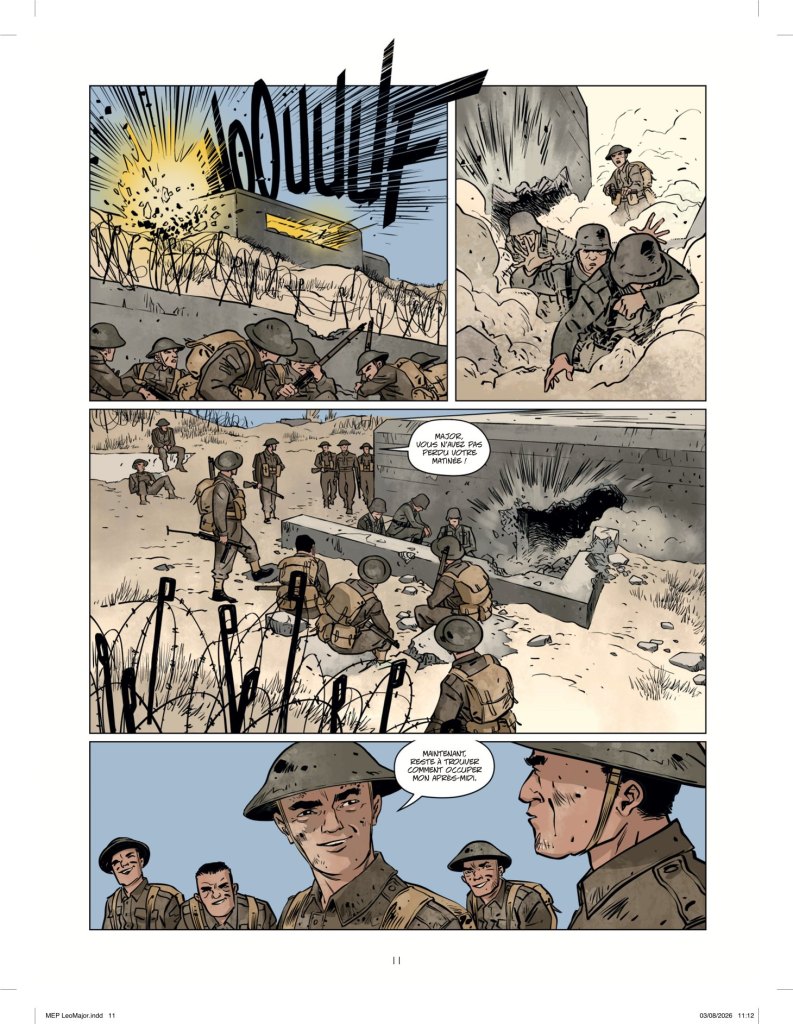 Une scène de bande dessinée représentant des soldats pendant une explosion sur le champ de bataille. Les militaires font preuve de stratégie et de camaraderie dans un environnement de guerre tumultueux.