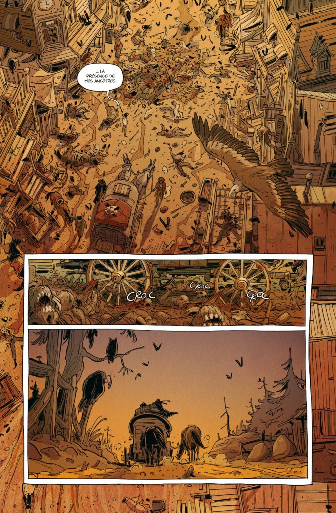 Une scène de bande dessinĂ©e montrant une rue en dĂ©sordre avec des carcasses et des objets Ă©parpillĂ©s, des animaux et des oiseaux, clĂ´turĂ©e par des bĂ¢timents de style ancien.