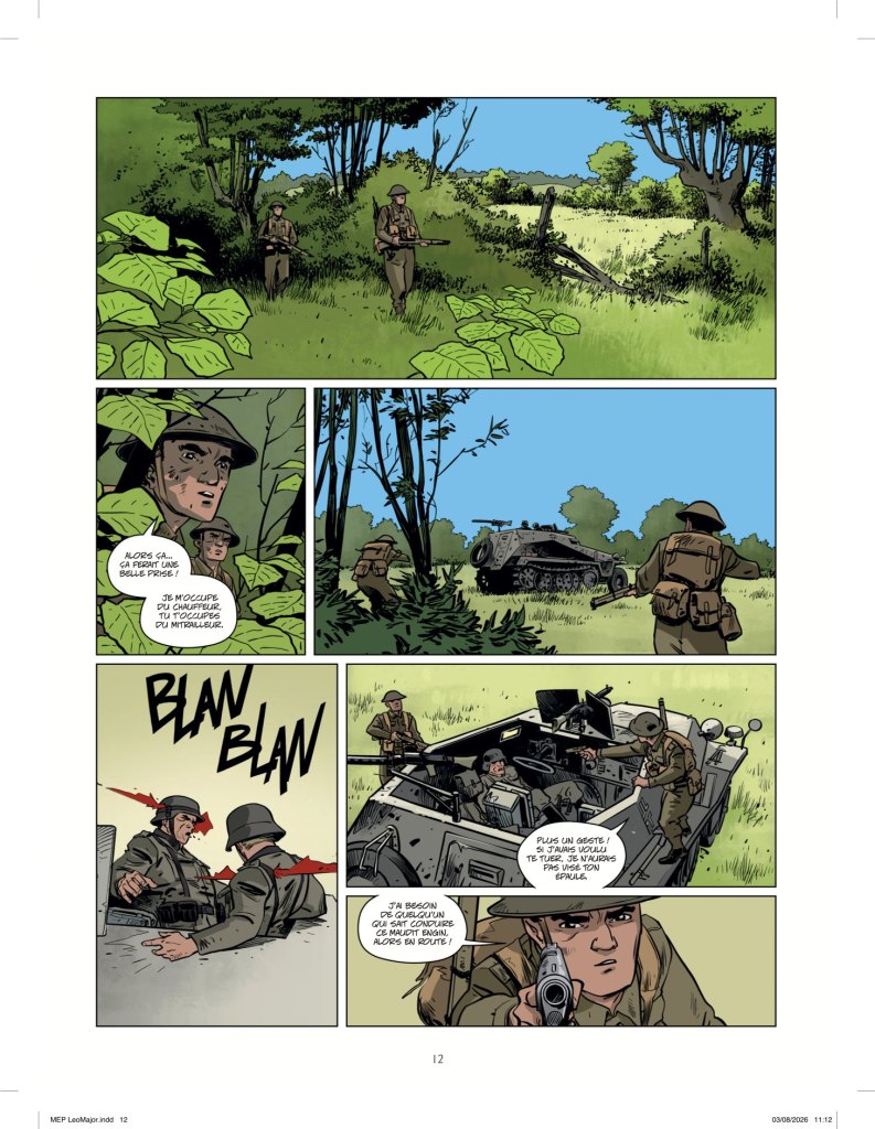 Comic panel depicting soldiers in a forested area with military equipment, discussing a tactical situation.