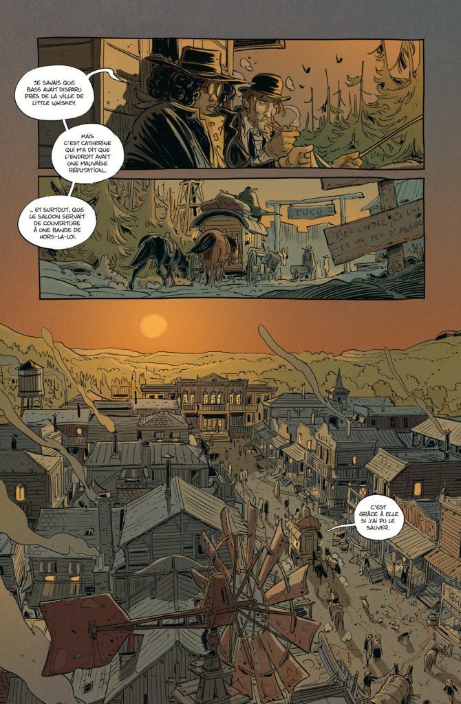 Une scène de bande dessinĂ©e reprĂ©sentant une ville de l'Ouest avec un coucher de soleil, des bĂ¢timents en bois, une charrette, des chevaux, et des personnages discutant au premier plan.