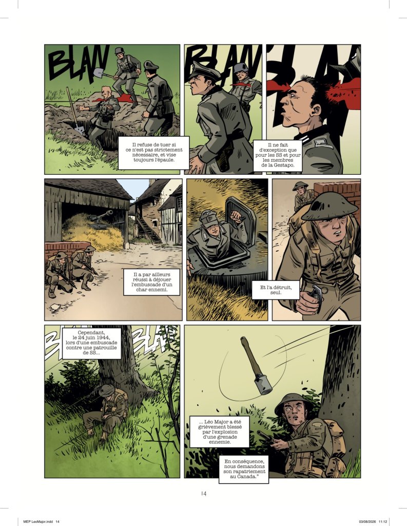 Image d'une bande dessinée représentant des soldats dans une scène de conflit. Les cases montrent des actions militaires, des conversations entre soldats et des situations de tension. On y voit des soldats, des explosifs et des références à des événements de la Seconde Guerre mondiale.
