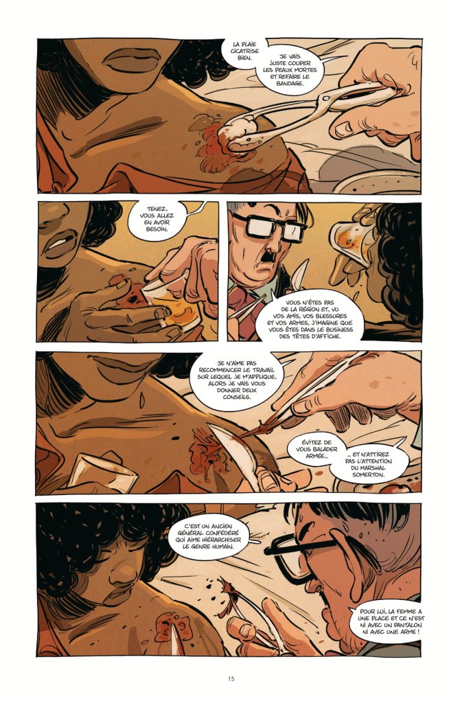 Une bande dessinée montrant un personnage soignant une plaie sur un autre personnage, avec des dialogues sur des conseils de soins et des réflexions sur la violence.