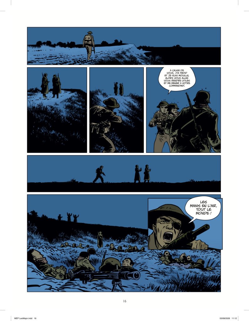 Une bande dessinée illustrant une scène de guerre avec des soldats dans un paysage sombre, où un militaire ordonne à des civils de lever les mains.