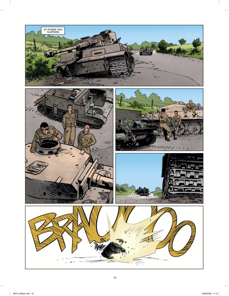 Une bande dessinée illustrant des scènes militaires avec des tanks et des soldats, incluant une explosion dramatique.