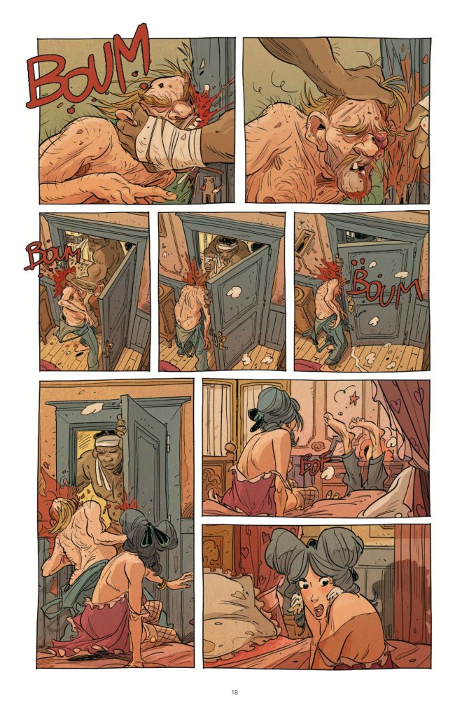 Planche de bande dessinée montrant plusieurs scènes d'action avec des personnages qui réagissent à des bruits violents, du sang et un conflit interne, avec des éléments dramatiques et humoristiques.