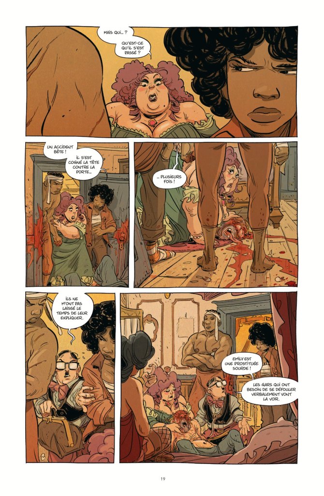 Une bande dessinée présentant plusieurs personnages dans une pièce, incluant une femme avec des cheveux bouclés et une expression préoccupée, un homme blessé et des conversations animées autour d'un incident.