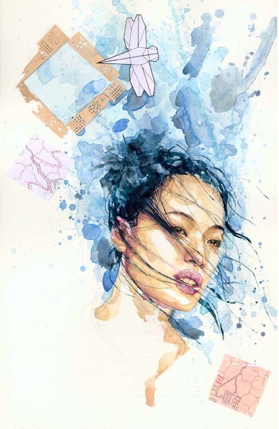 A watercolor illustration of a woman with flowing hair, surrounded by blue splashes and creative paper elements.