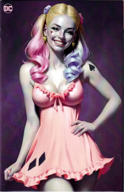 A smiling character with long, colorful hair in a pink dress, featuring playful details and black heart designs.