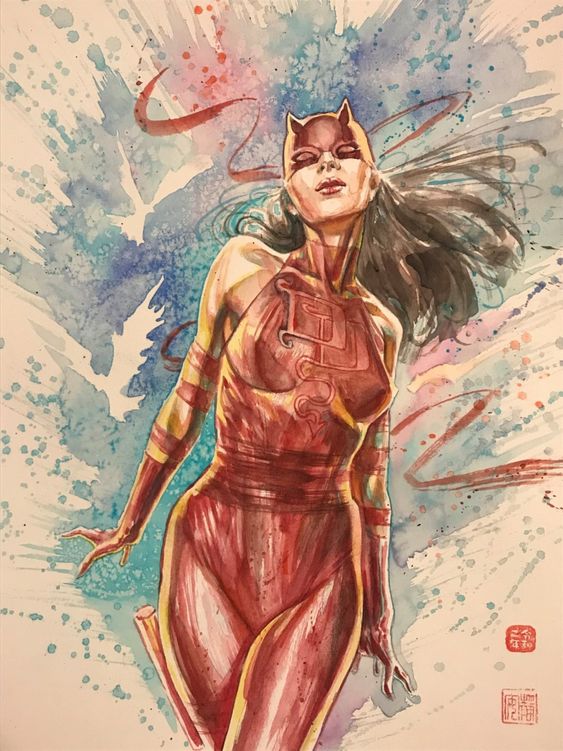 A confident female superhero in a red costume with cat-like ears, surrounded by an abstract splash of blue and red colors, with birds flying in the background.