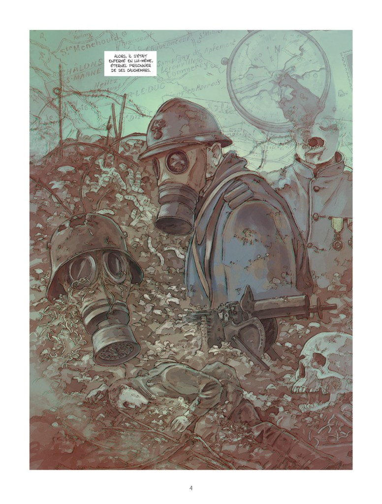 Illustration d'un soldat portant un masque à gaz, entouré de débris et de vestiges de guerre, avec un cadavre au sol et un crâne en arrière-plan.