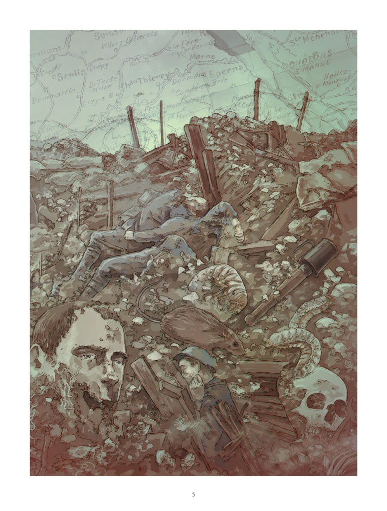 Une illustration représentant un paysage chaotique avec des débris, des corps, des crânes et des objets divers sur un fond de carte, évoquant une scène post-apocalyptique.