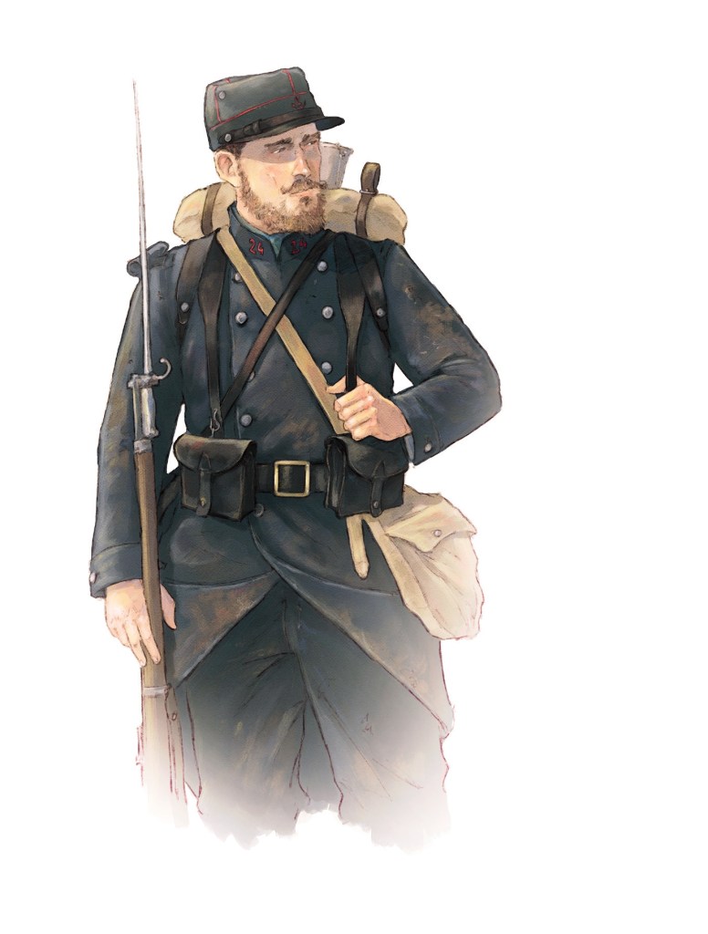 Un soldat en uniforme militaire historique, portant un fusil et des équipements, debout avec une expression sérieuse.