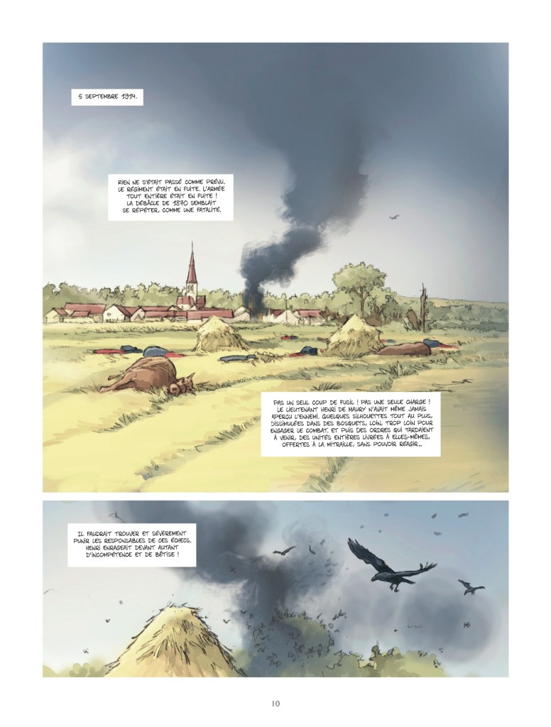 Deux scènes de bande dessinée illustrant un paysage rural, avec des champs de foin, un village en arrière-plan et de la fumée noire s'élevant vers le ciel. Un animal gît sur le sol, et des oiseaux volent autour. Le texte mentionne des événements du 5 septembre 1914.