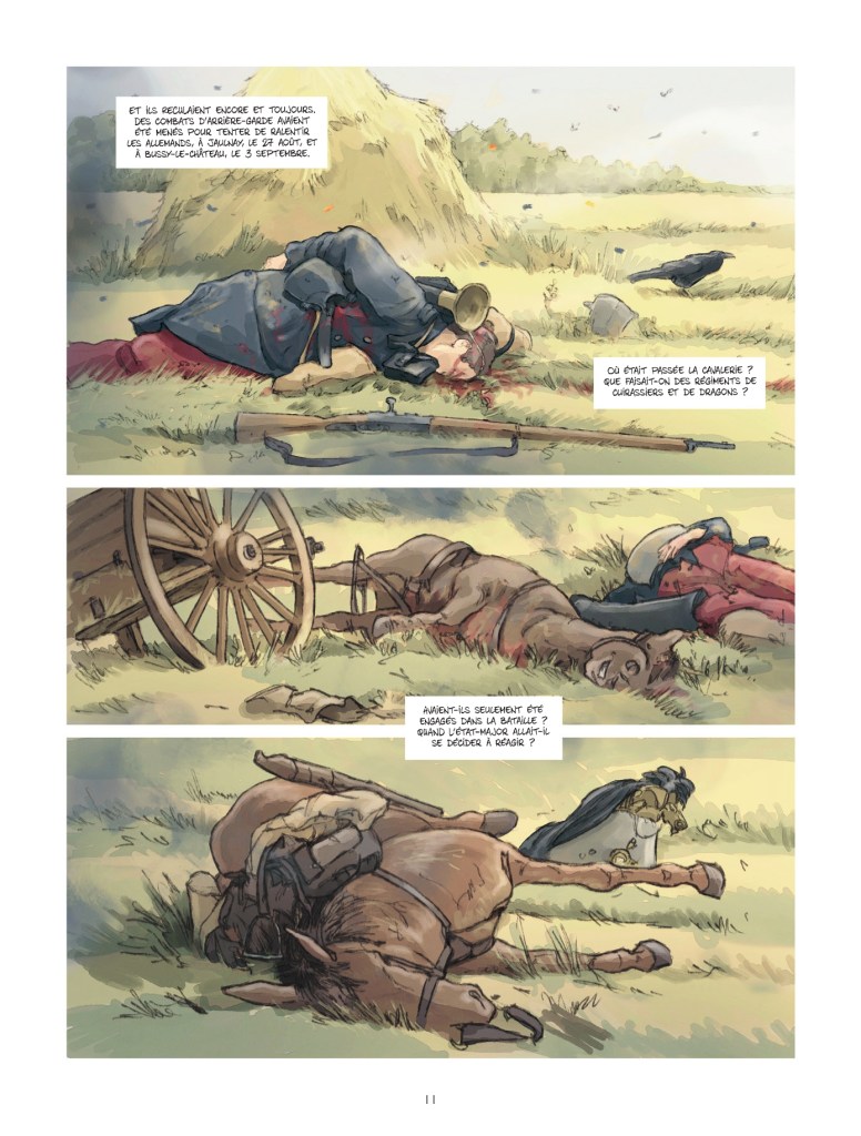 Illustration représentant des soldats blessés et des animaux sur un champ de bataille, avec des dialogues en français. La scène dépeint les conséquences des combats, impliquant des soldats et des chevaux tombés au sol.