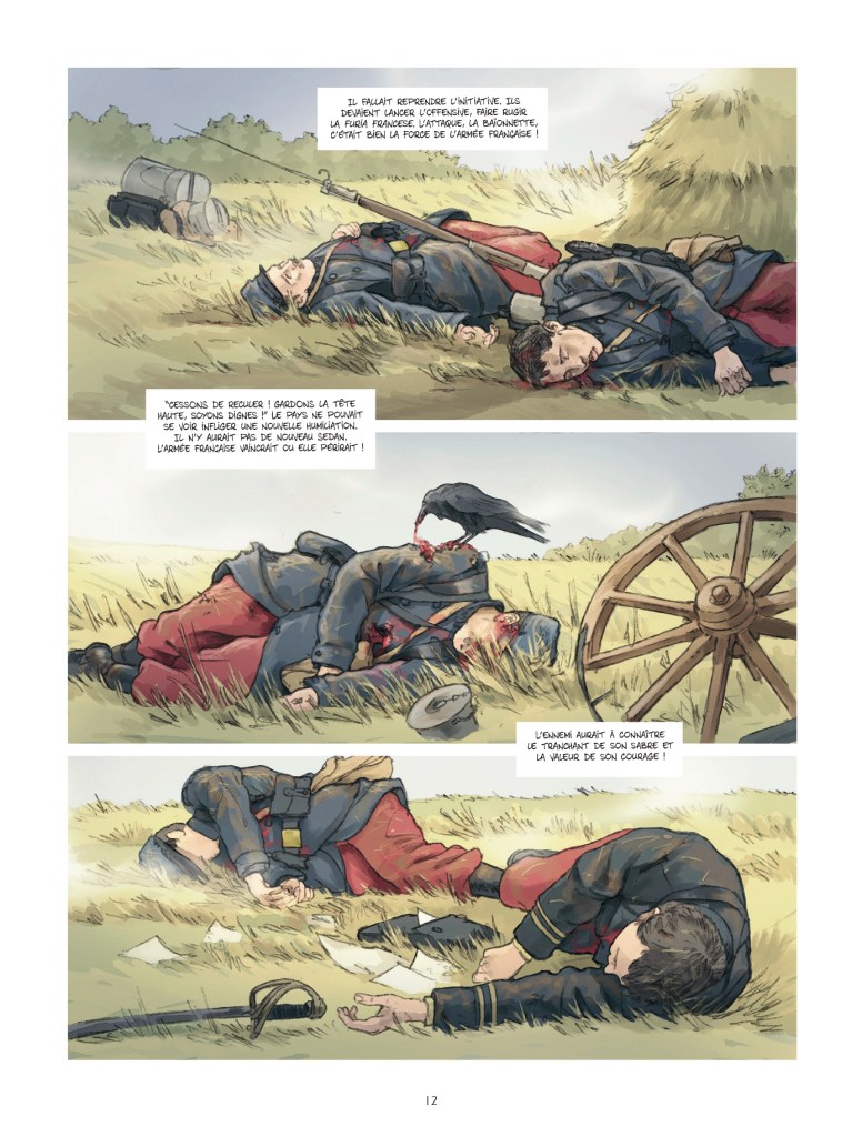Deux soldats français morts sur un champ de bataille, entourés d'herbe et d'équipements militaires.