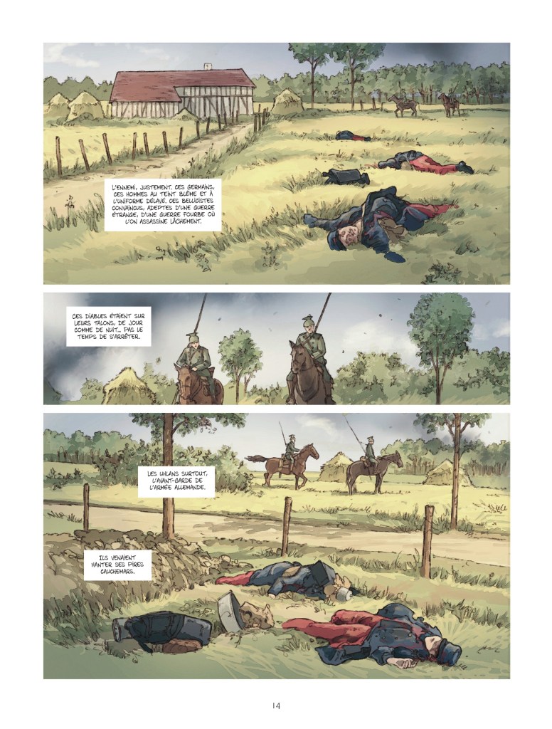 Scène de bande dessinée représentant un champ avec des soldats gisant au sol, alors que des cavaliers patrouillent en arrière-plan près d'une ferme.