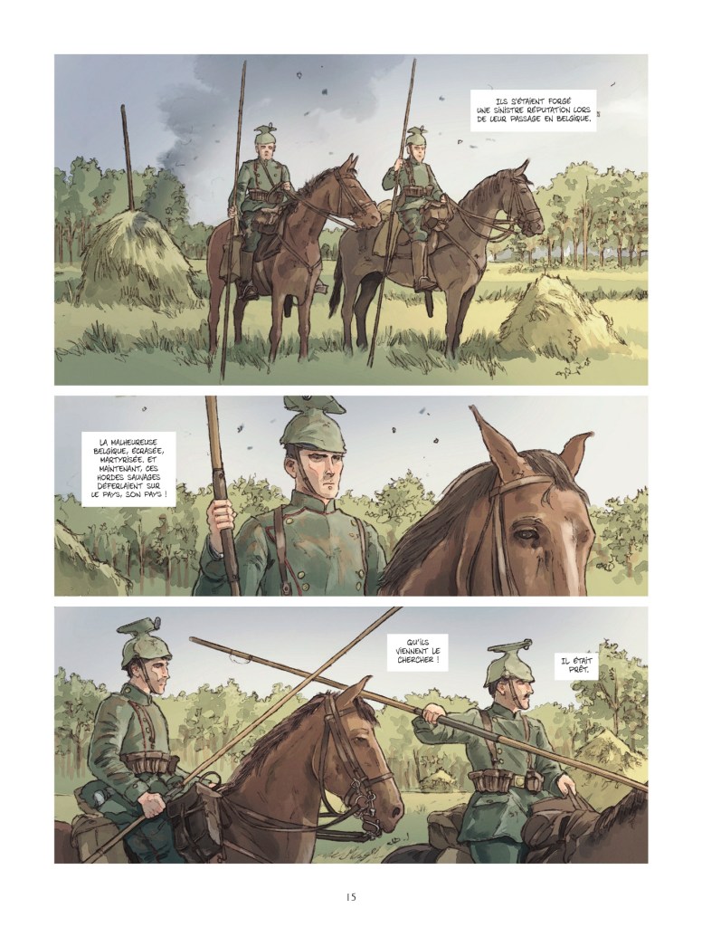 Deux cavaliers en uniforme se tiennent sur leurs chevaux dans un paysage rural. Ils portent des chapeaux distinctifs et tiennent des lances. En arrière-plan, il y a des bottes de foin et des arbres.