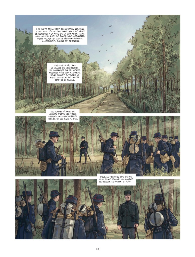 Image d'une bande dessinée se déroulant dans une forêt, montrant des soldats en uniforme discutant. Le texte mentionne un lieutenant ainsi que des préparatifs militaires. L'ambiance est calme, avec des arbres et un chemin visible.
