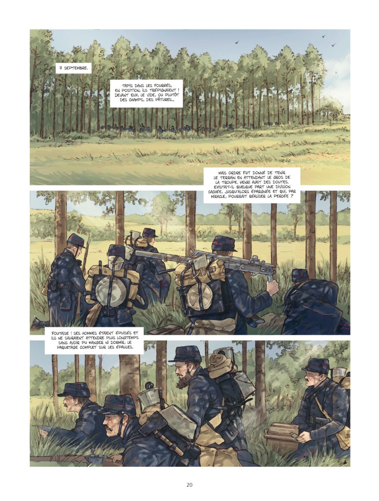 Une illustration de soldats en position dans une forêt, portant des uniformes militaires avec des sacs à dos et des armes, discutant et se préparant pour un événement. En arrière-plan, des arbres et un ciel clair.