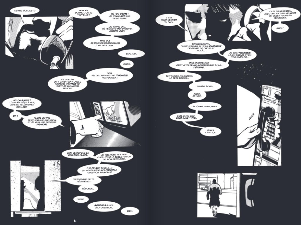 Bande dessinée en noir et blanc avec des personnages discutant au téléphone dans une cabine téléphonique.