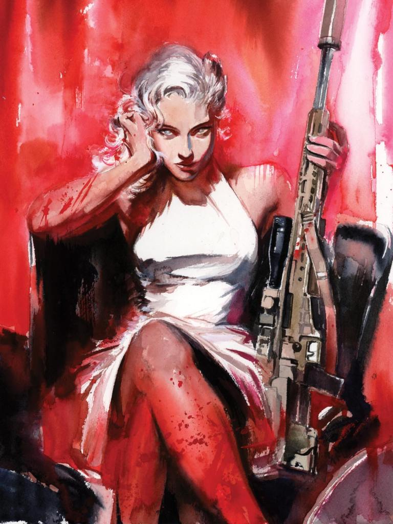 A woman with blonde curly hair sitting in a chair, wearing a white dress, holding a rifle. The background features bold red hues, enhancing the dramatic tone of the image.