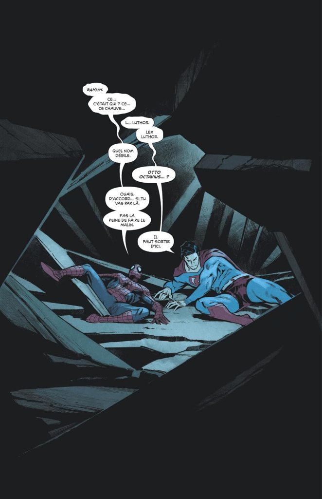 A comic book scene featuring Spider-Man and Superman lying on a cracked surface, with speech bubbles discussing a character named Lex Luthor and Otto Octavius.