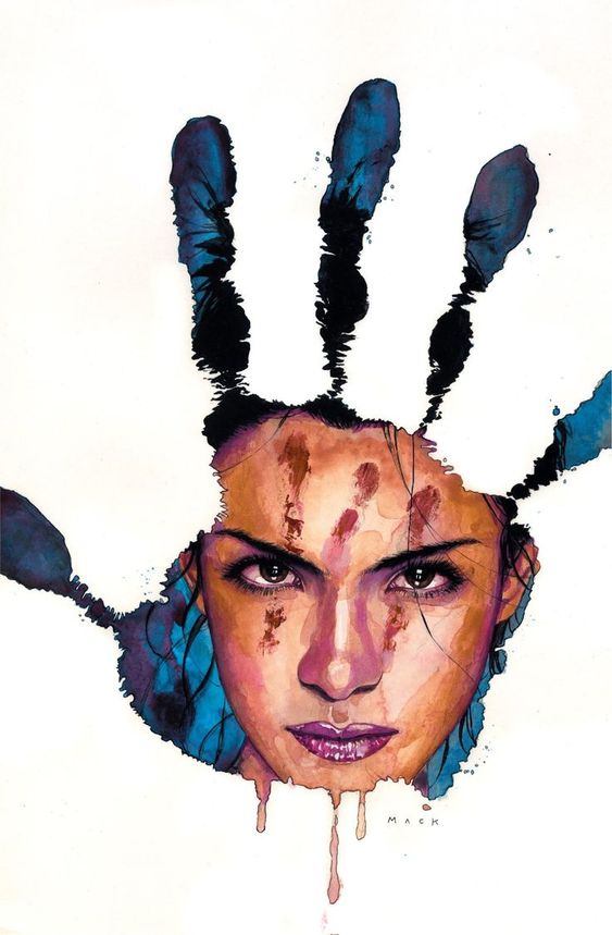 A creative artwork featuring a woman's face with striking facial expressions partially obscured by a handprint, incorporating blue and pink watercolor effects.