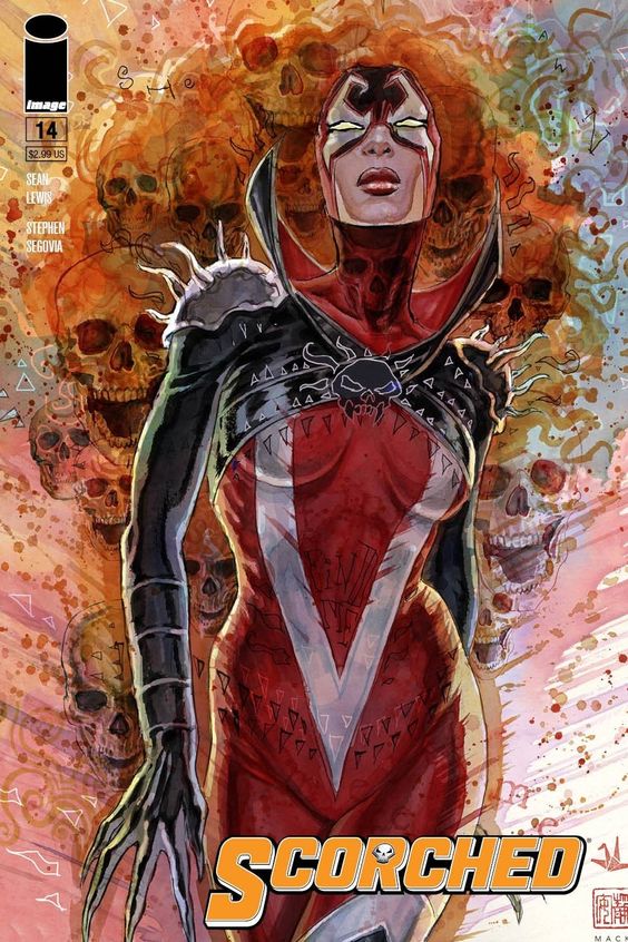 Comic book cover for 'Scorched' issue 14 featuring a female character in a striking red and black suit with a skull design, surrounded by a dramatic backdrop of skulls and abstract colors.