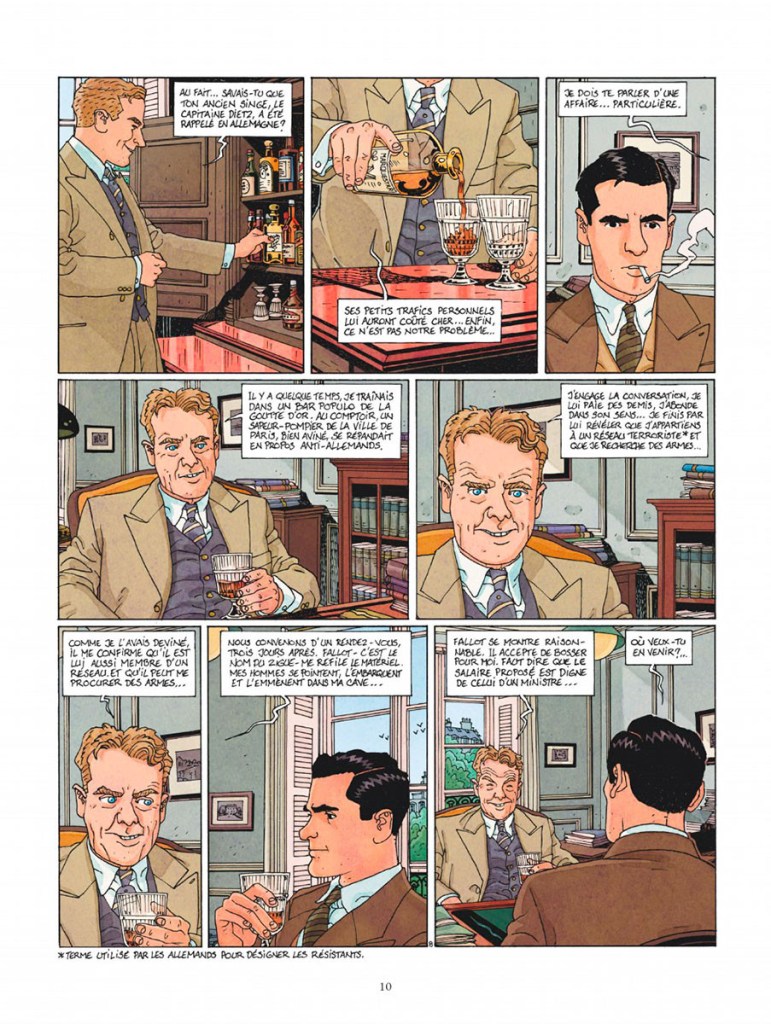 Une bande dessinée illustrant une conversation entre deux hommes dans un bureau, avec des références à des actes illégaux et à l'Allemagne.