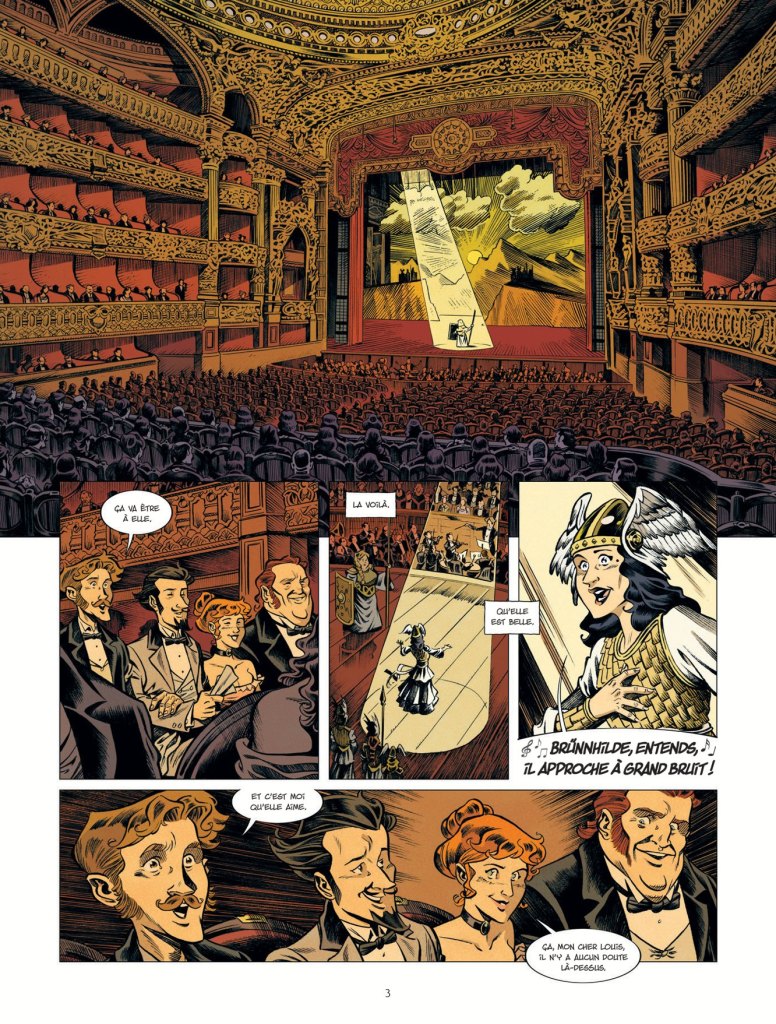 Une scène de théâtre animée avec un décor riche et doré, remplie de spectateurs admirant une performance sur scène.