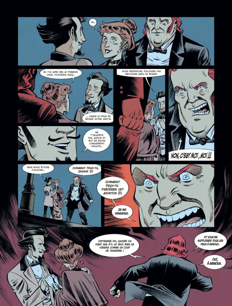 Bande dessinée présentant un dialogue intense entre plusieurs personnages, avec des expressions faciales marquées, des costumes traditionnels et des éléments dramatiques.