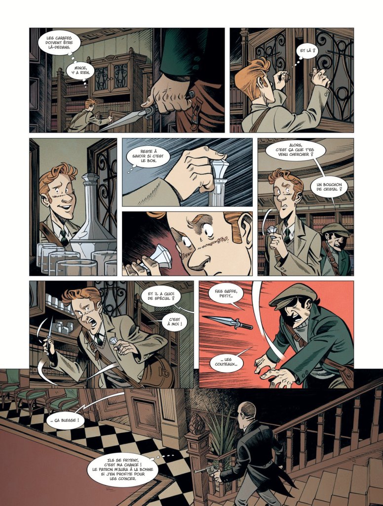 Une scène de bande dessinée avec des personnages dans une bibliothèque, discutant d'un objet mystérieux, une bagarre imminente et une tension palpable.