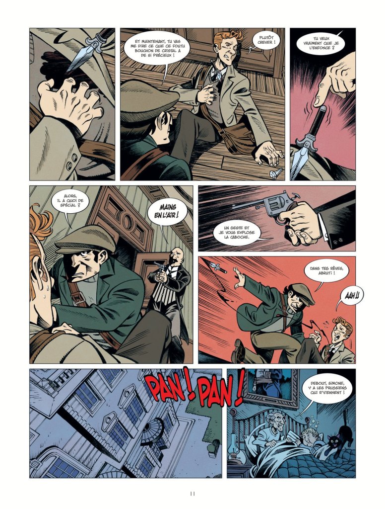 Une scène de bande dessinée montrant un affrontement tendu entre plusieurs personnages dans une pièce, avec une arme à feu et un couteau en jeu. Un personnage est menacé, tandis qu'un autre s'apprête à tirer.