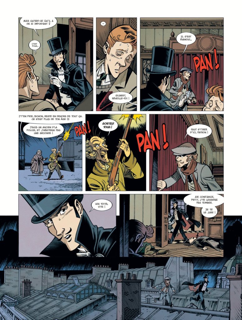 Une page de bande dessinée montrant plusieurs personnages dans des scènes dramatiques. Un homme en haut-de-forme parle à un jeune homme, tandis qu'un autre personnage tient une arme. Des cris et des actions urgentes sont présents, indiquant une tension ou un danger.