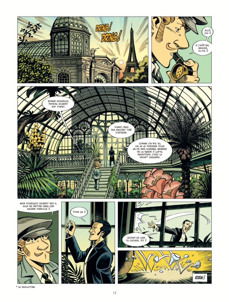 Une plante d'intérieur dans une serre avec des personnages discutant, et la tour Eiffel visible à l'extérieur.