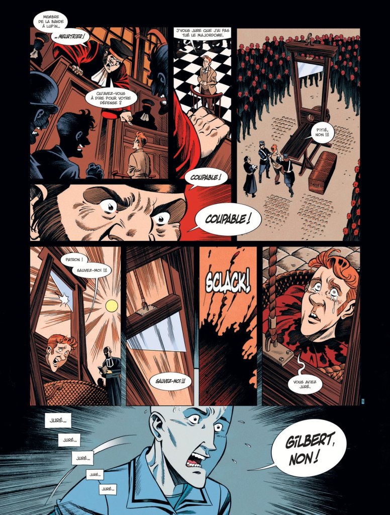 Une scène de bande dessinée avec un procès inquisiteur, des personnages en colère, et un condamné à l'échafaud, criant 'Sauvez-moi !' alors qu'il est confronté à une guillotine.