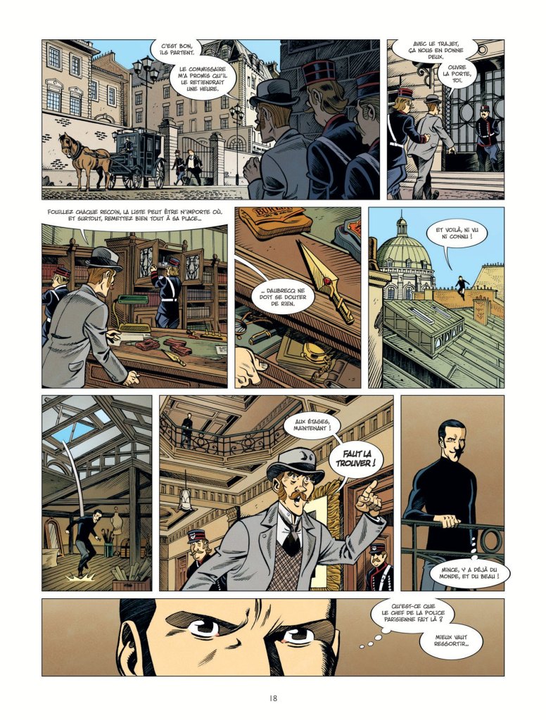 Une scène de bande dessinée dans un cadre urbain, montrant plusieurs personnages à l'extérieur et à l'intérieur d'un bâtiment, avec des dialogues sur une enquête.
