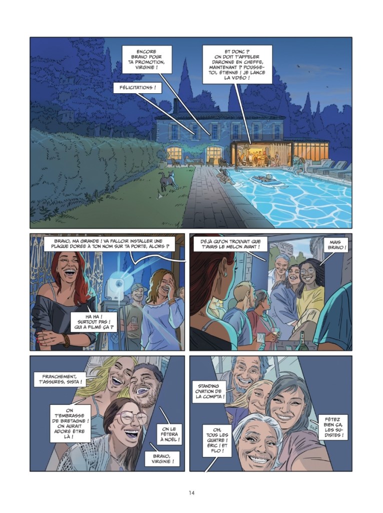 Une scène festive autour d'une piscine avec des gens souriants, célébrant une promotion. Des échanges amicaux et des rires sont visibles, mettant en valeur une ambiance joyeuse et conviviale.