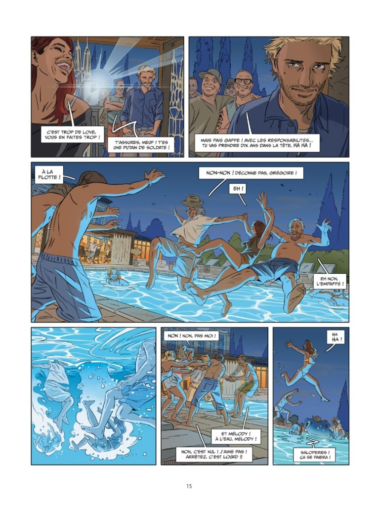 Une scène de bande dessinée avec des personnages qui s'amusent autour d'une piscine. Des hommes et femmes rient et interagissent, certains sont dans l'eau, tandis que d'autres sont au bord de la piscine.